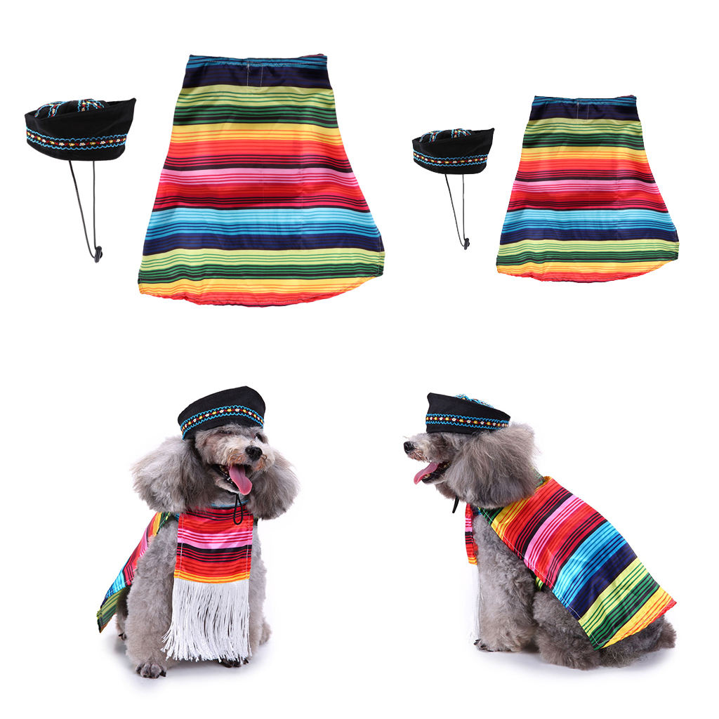 Pet Dog Complete Mexican Poncho Cloak Black Sombrero Hat Outfit Costume