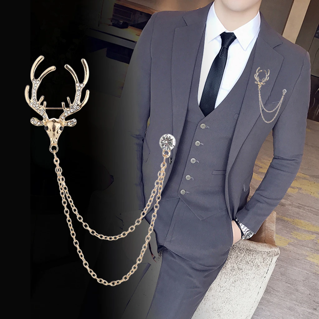 Men`s Elegant Lapel Pin Badge with Chains Deer Brooch Pin for Suit Tuxedo