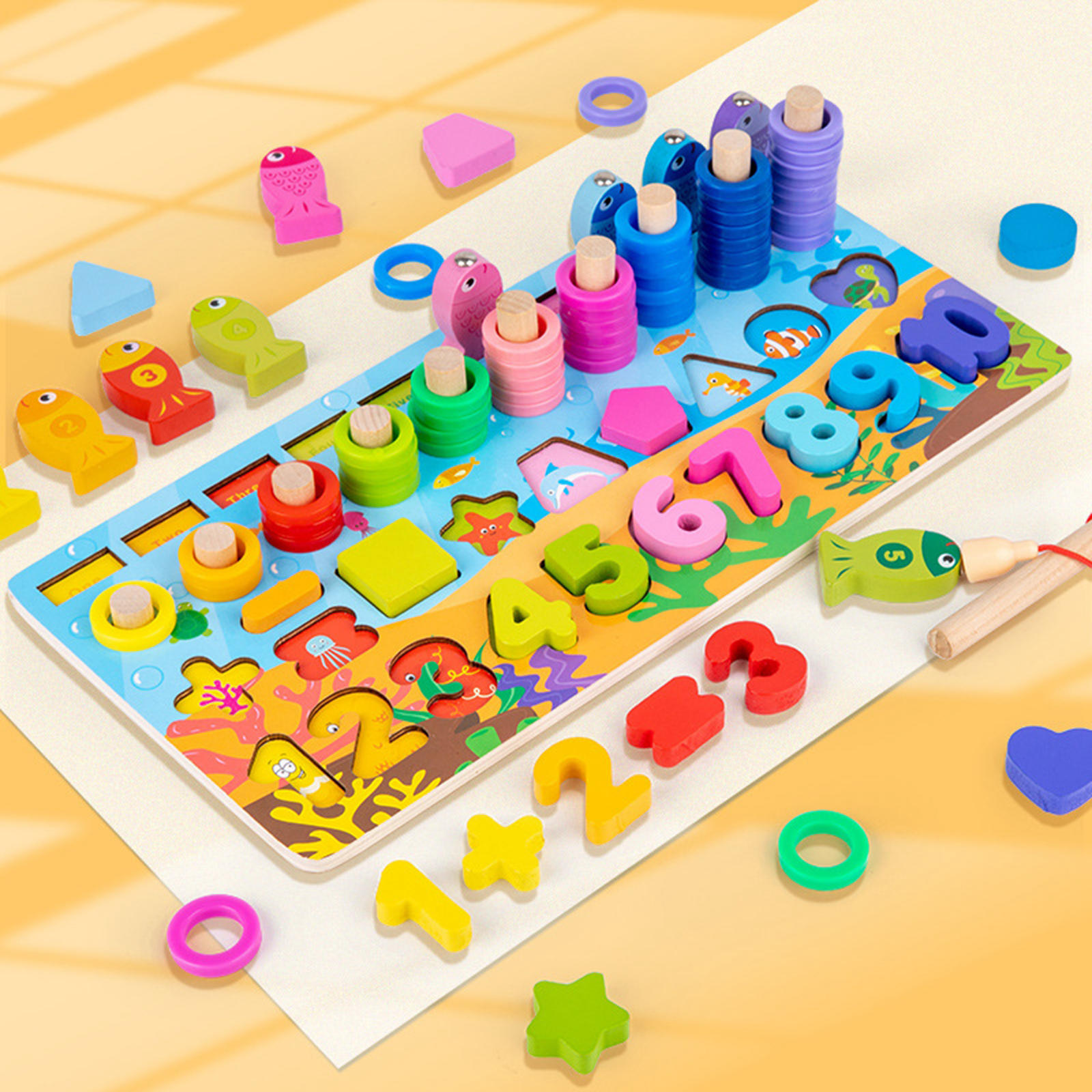 Montisorri Number Shape Sorting Stacking Rings Toys Math Fishing Game Toys