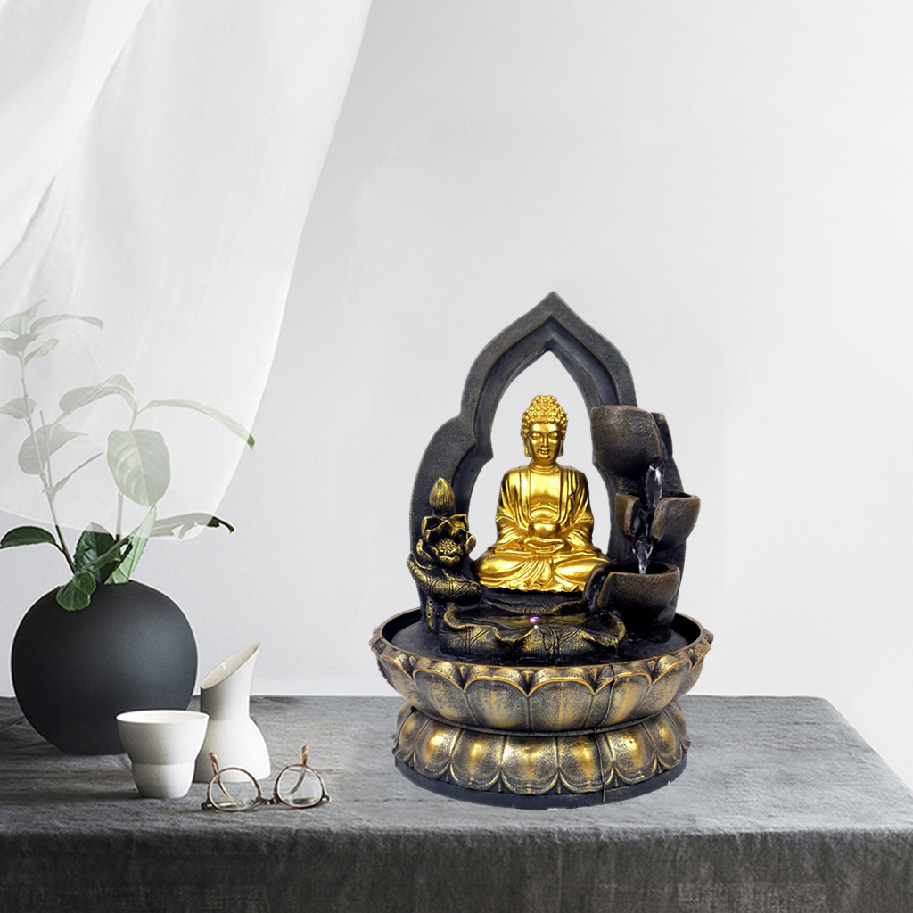 Resin Buddha Tabletop Fountain LED Lights Desktop Zen Water Fengshui Meditation Relaxing Calming Waterfall Home Sculpture Decor