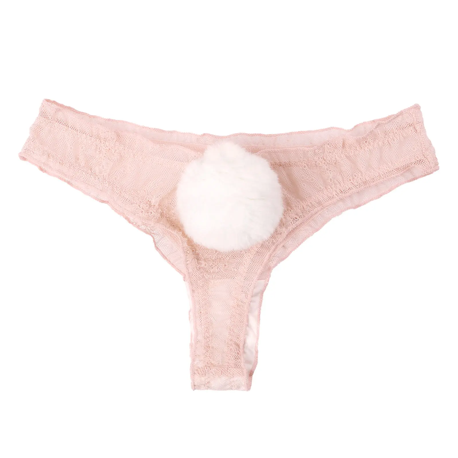 Womens Erotic Lingerie Underwear Thong G-String with Removable Fluffy Ball See-through Lace Sexy Panties Cute Low Rise Briefs