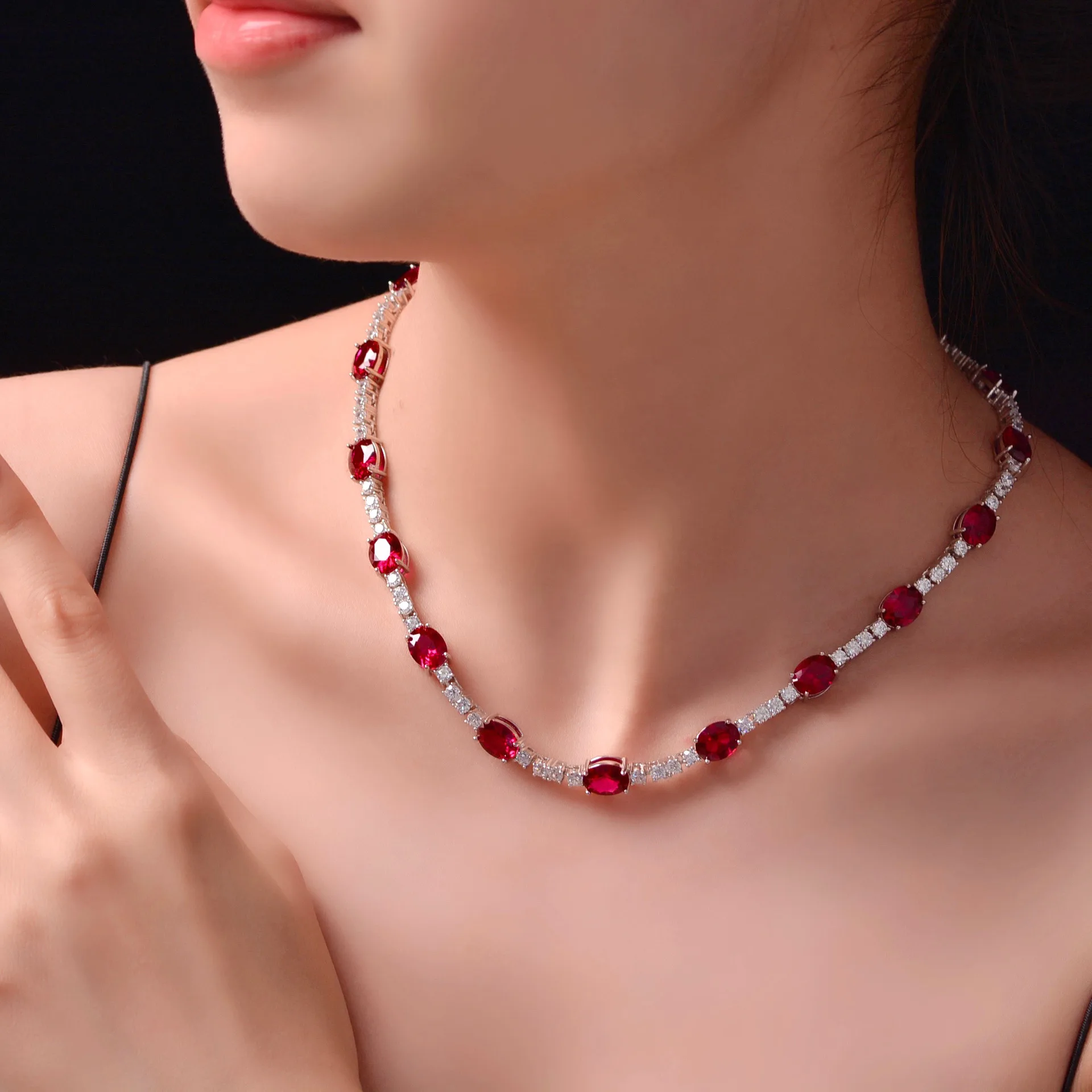 PANSYSEN 16 Inch Vintage Real 925 Silver 7*9mm Oval Cut Ruby Simulated Moissanite Diamond Chain Necklaces for Women Fine Jewelry