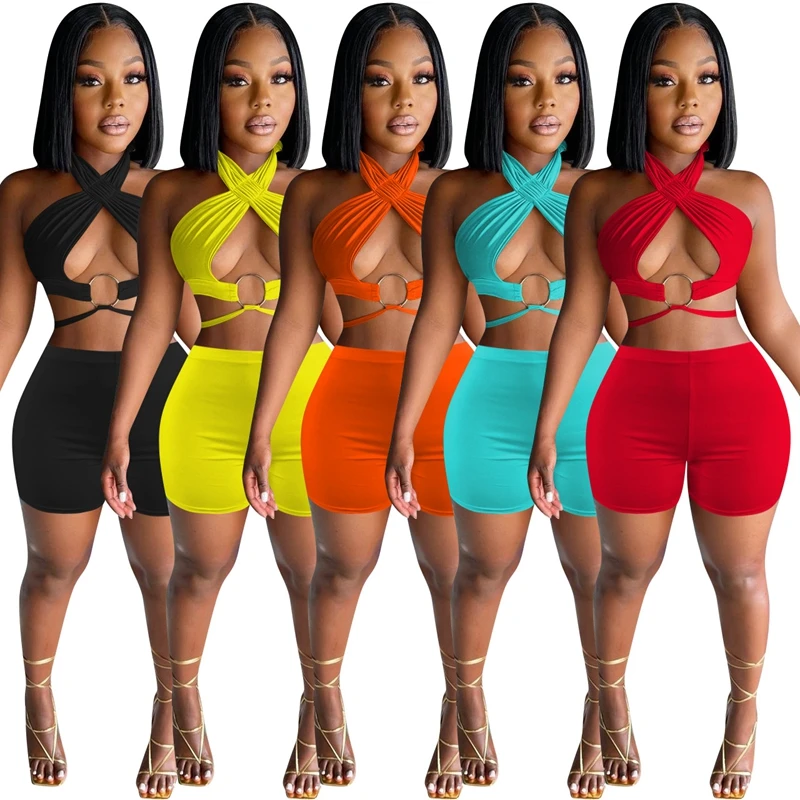 Bulk Items Wholesale Lots Bandage Sexy Summer Outfits Club 2 Piece Sets Womens Outfits Hollow Out Halter Top and Shorts Sets tie dye tracksuit set