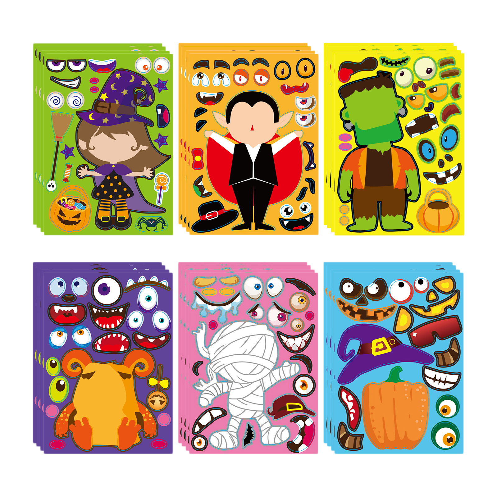 24Sheets/set Kids Funny Puzzle Games Make A Face DIY Halloween Jigsaw Stickers Gift Creative Stickers Toys Gift