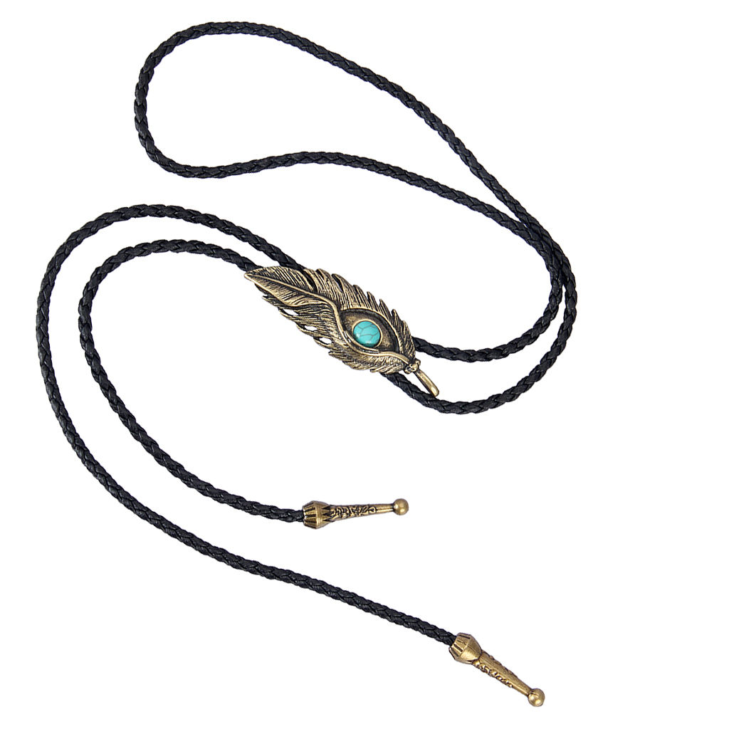 Feather Shape Pendant Bolo Tie Leather Necktie Western Cowboy Cowgirl Rodeo Necklace Gift