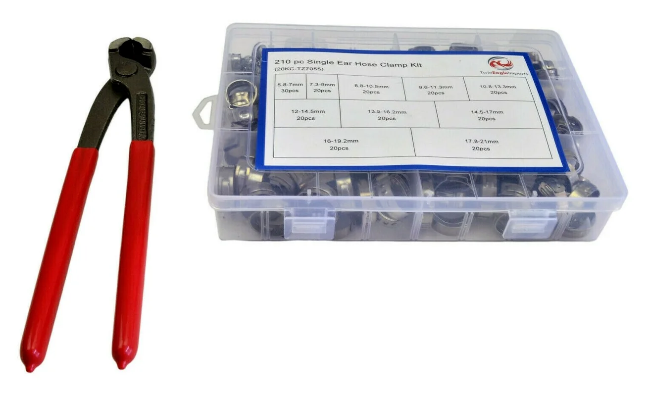 211 Pc 304 Stainless Steel Single Ear Hose Clamp Crimping Kit inc 8" Pliers. 
