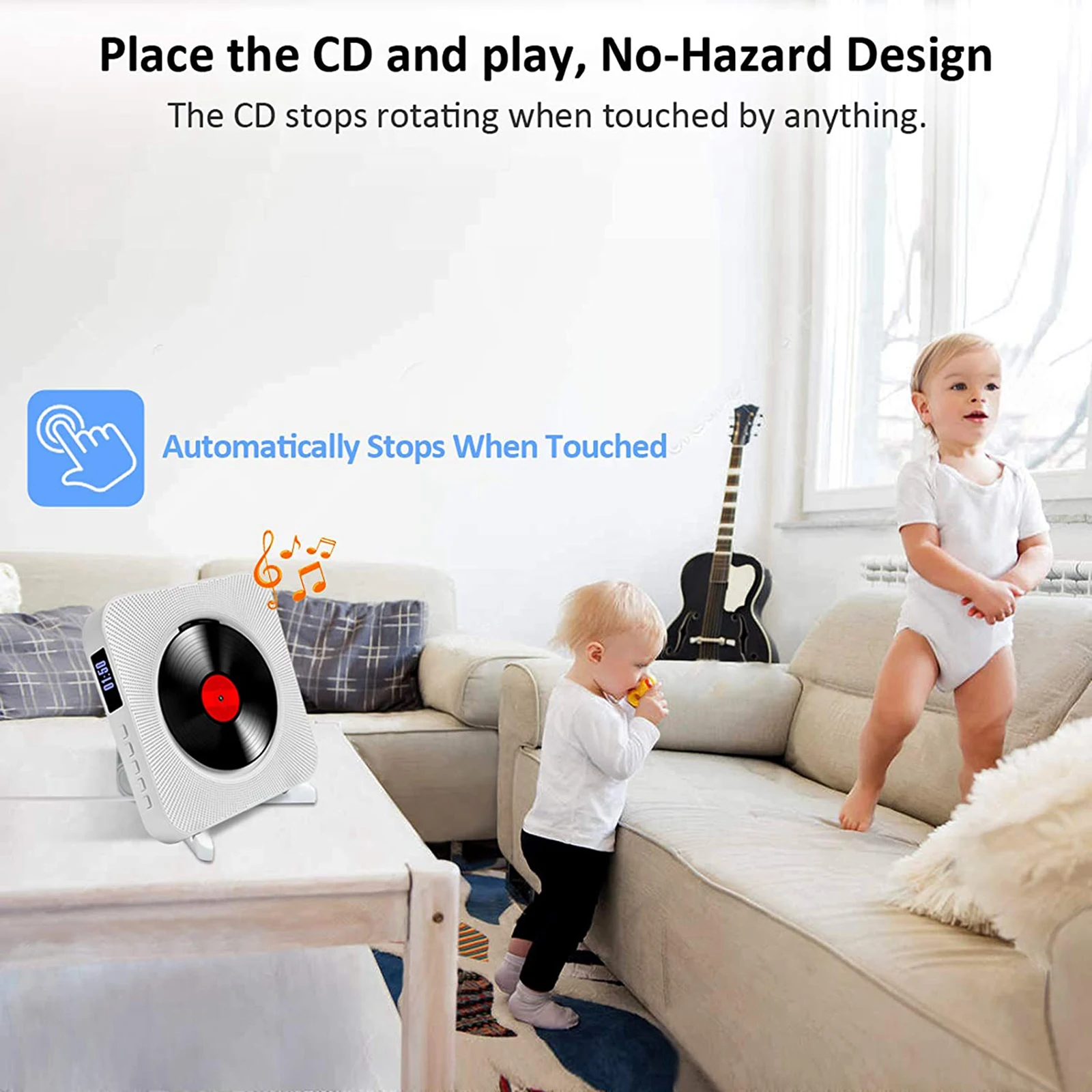 White Bluetooth CD Player Wall Mountable Remote Control w/Headphone Jack AU