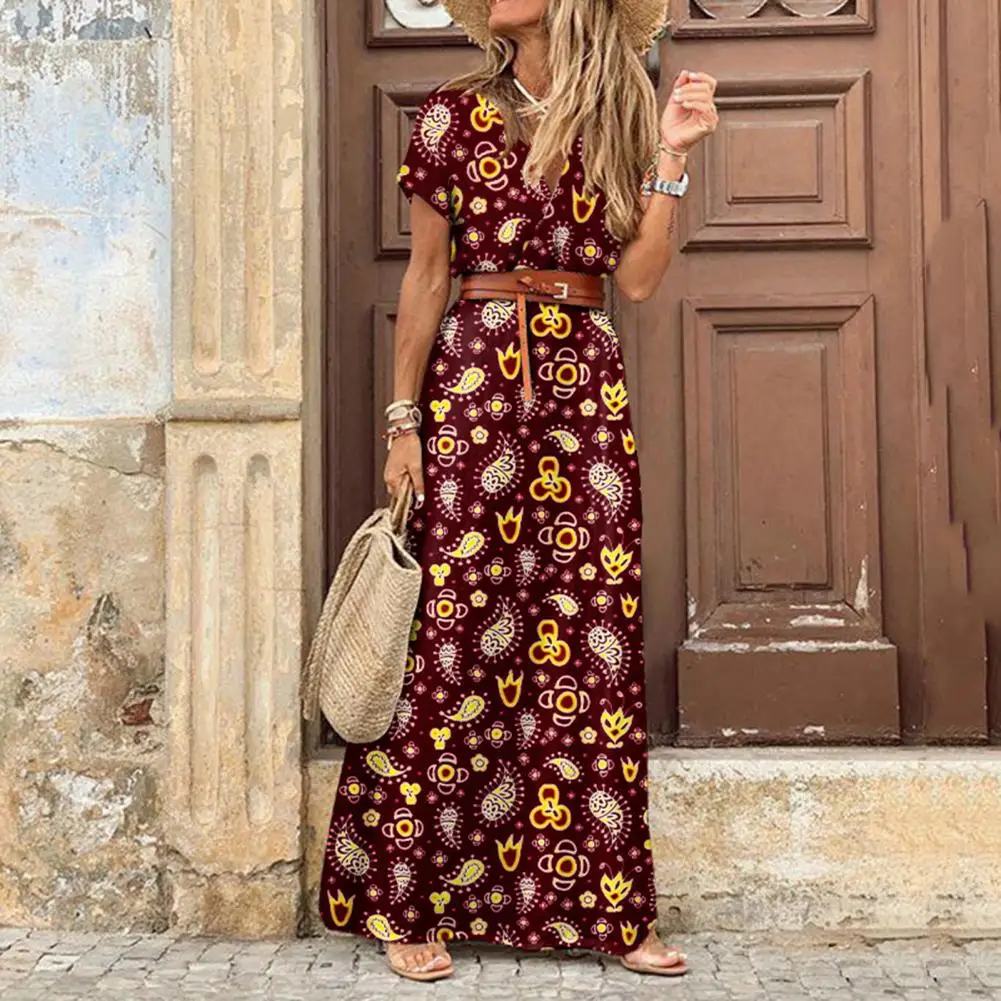 Women’s Casual Boho Print V-Neck Forky Hem Ethnic Dress Baggy Sleeveless Turkish Kaftan Long Dress Maxi Dress 