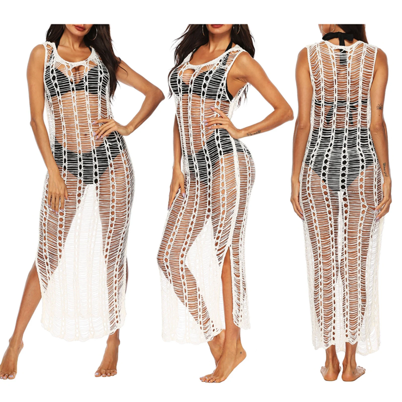Women Cover-Ups Hollow out Summer Sexy Beachwear Solid Color Hollow Out Split Sleeveless Long Cover Up Swimwear 2022 New crochet bathing suit cover up