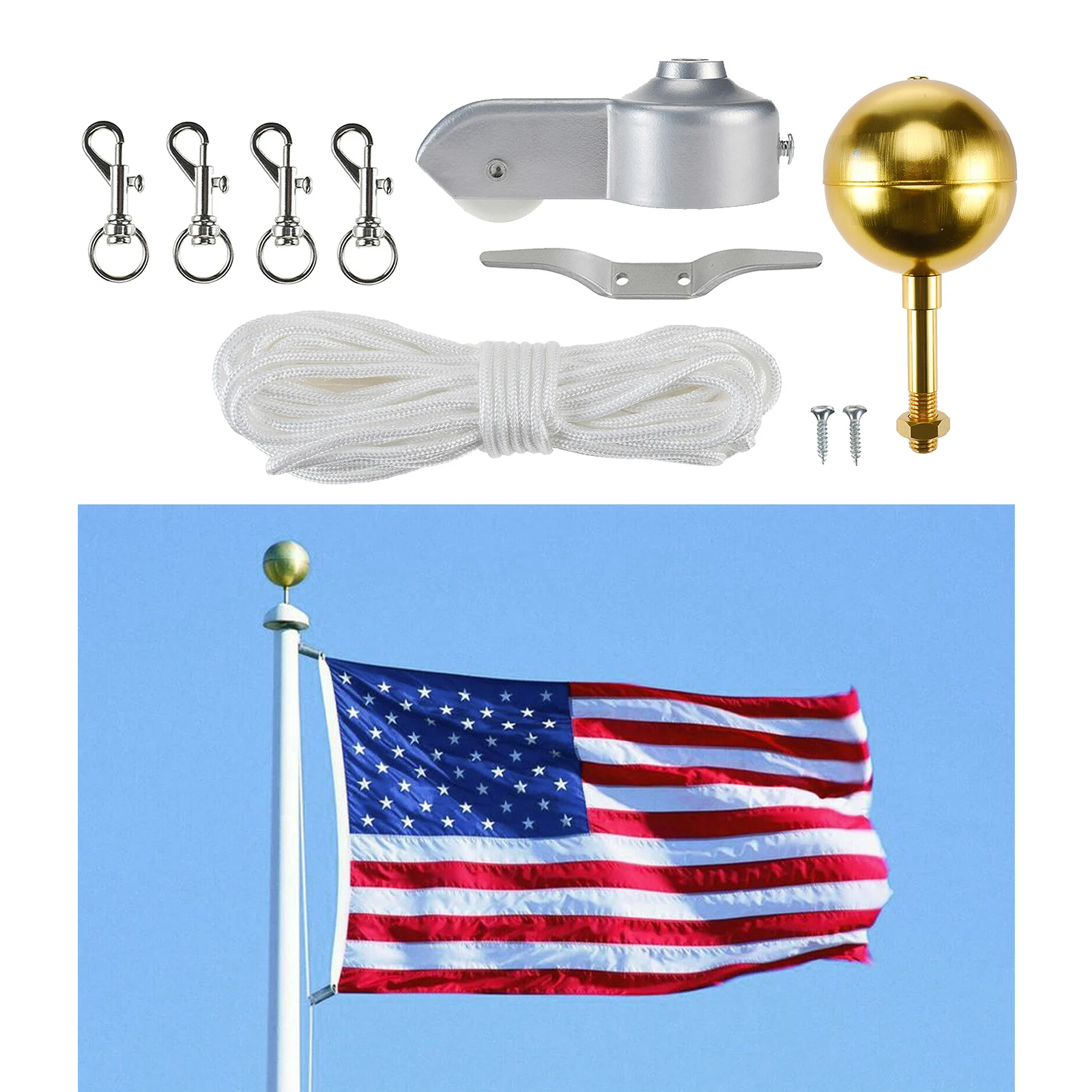 3 Topper Gold Ball/50 Ft Halyard Rope/6 Cleat Hook/4-Count Swivel Snap Hooks/Flagpole Pulley Truck for 2 Top PISSION Flag Pole Repair Kits 2021 Version 