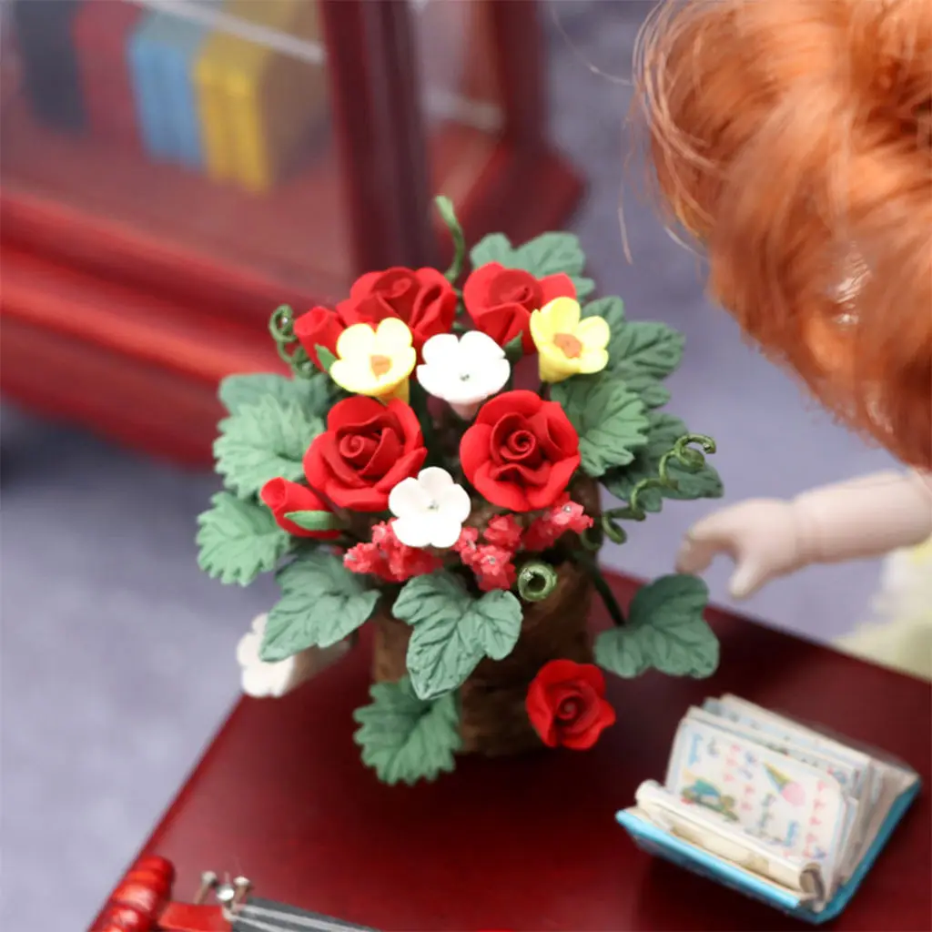 1/12 Dollhouse Red Rose Flower Model, Artificial Tiny Miniature Plant Furniture