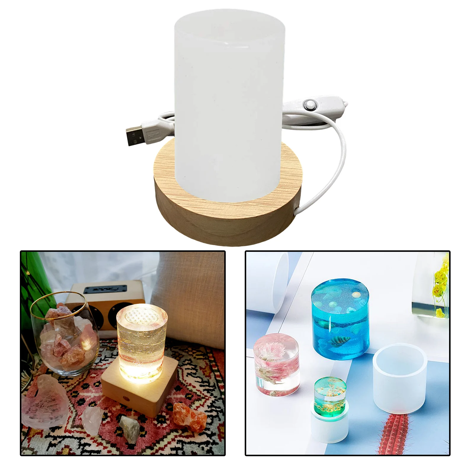 Night Light Silicone Resin Mold - Lamp Resin Mold and USB Powered Wood LED Display Base Stand to DIY Bedside Lamp Candle Making