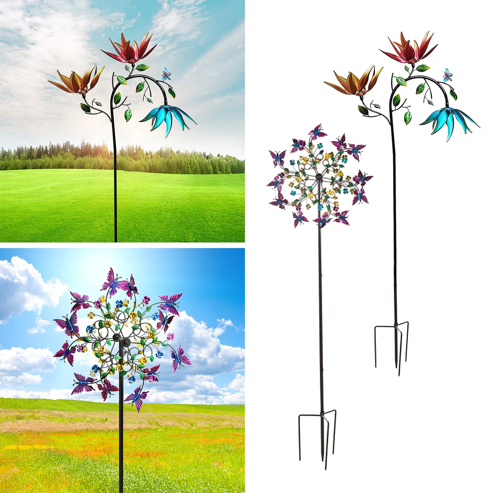 Metal Wind ner Windmill, Outdoor Yard Lawn Garden Decoration, Flower Butterfly Wind Mill Ornament with 1.8m Stake