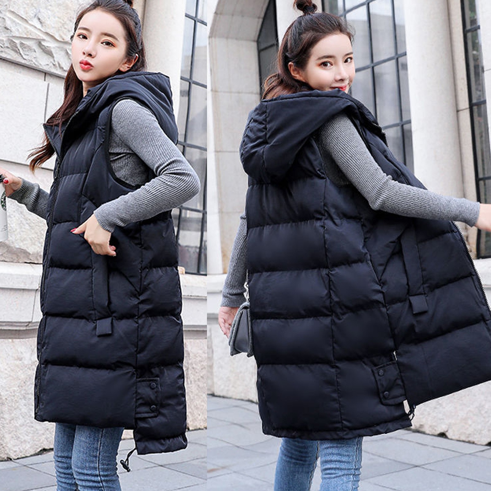 puffer parkas oversized colete com zíper bolsos