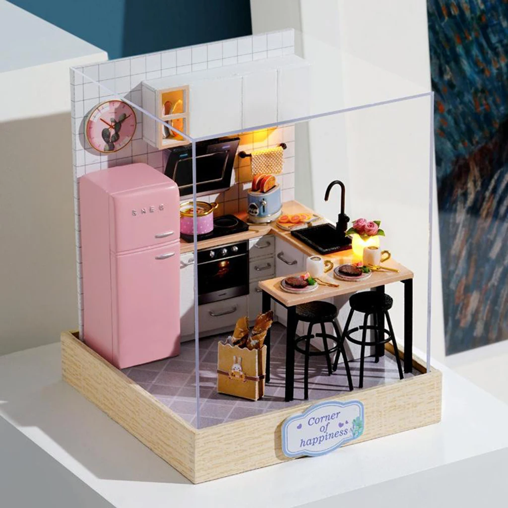 DIY Dollhouse Kitchen 3D Wooden Miniature Handmade Furnitures Doll House Model Building Toys Dollhouse For Children Gift