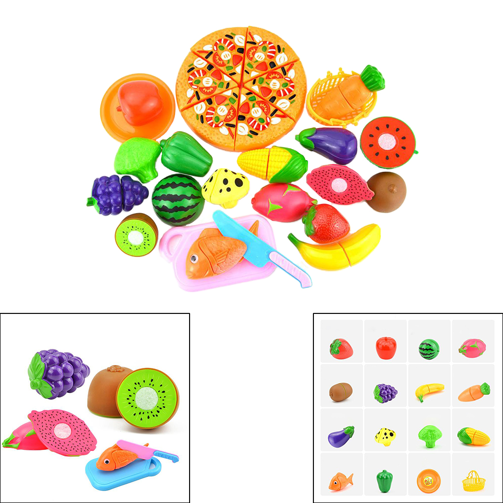 24 Piece Kids Pretend Role Play Kitchen Fruit Vegetable Food Toy Cutting Set Pizza, Strawberry, Mushroom, etc