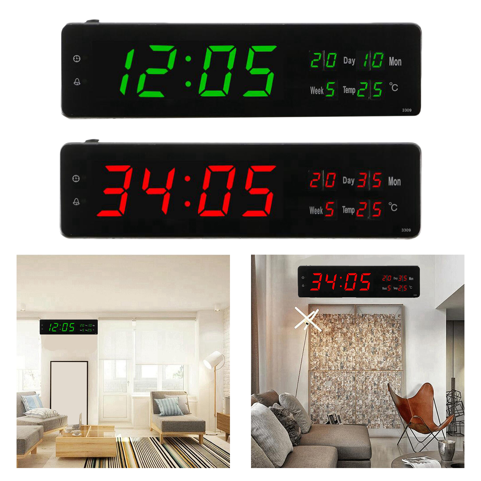 Large LED Digital Alarm Clocks Desktop Bedside Wall Clock 24 Hours Display Calender Temperature Week for Study