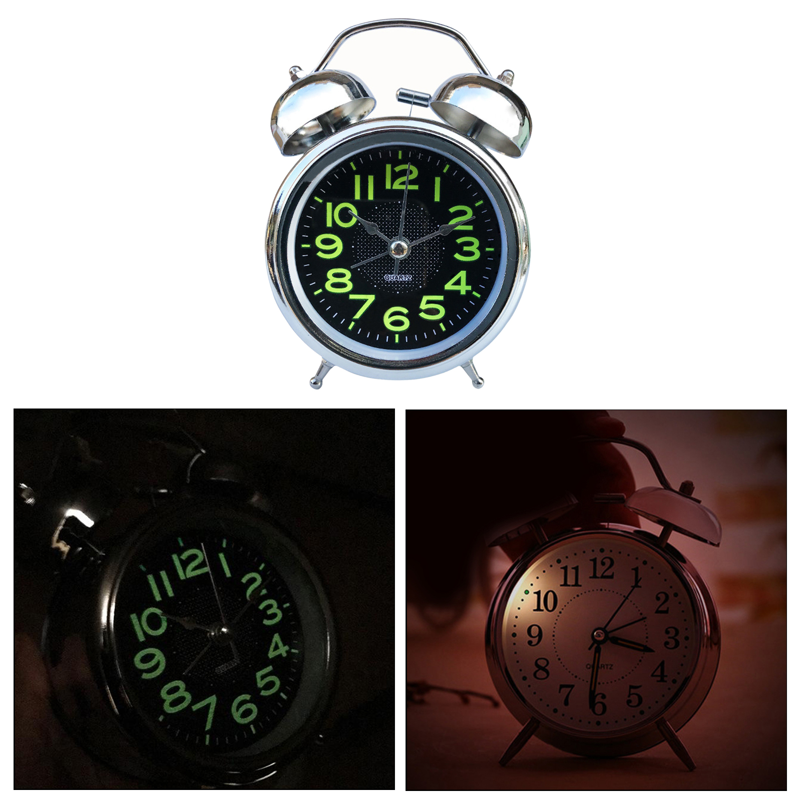 Silent Analog Alarm Clock Twin Bell Vintage Retro Classic Night Light Extra Loud