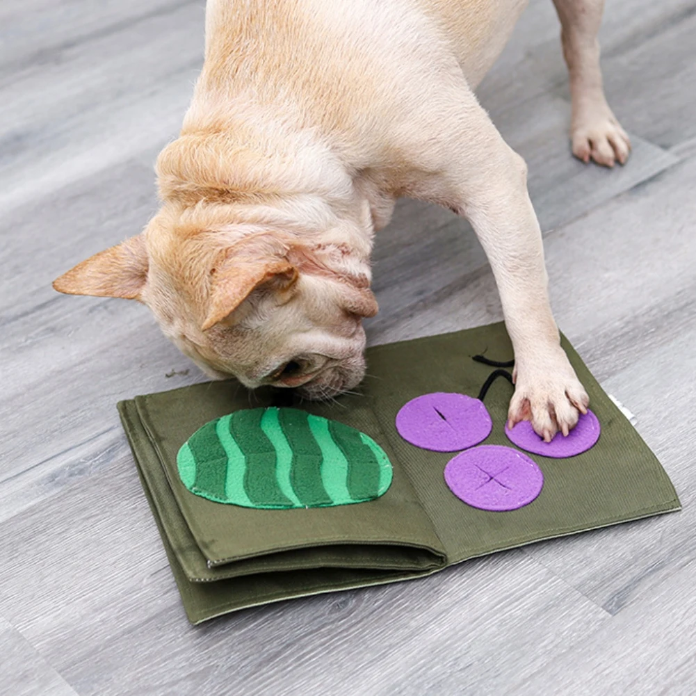 Un perro interactuando con una colchoneta de entrenamiento. El tapete tiene varias formas y colores, que probablemente se utilicen con fines de entrenamiento. El perro parece estar olfateando o investigando la alfombra, posiblemente como parte de un ejercicio de entrenamiento.