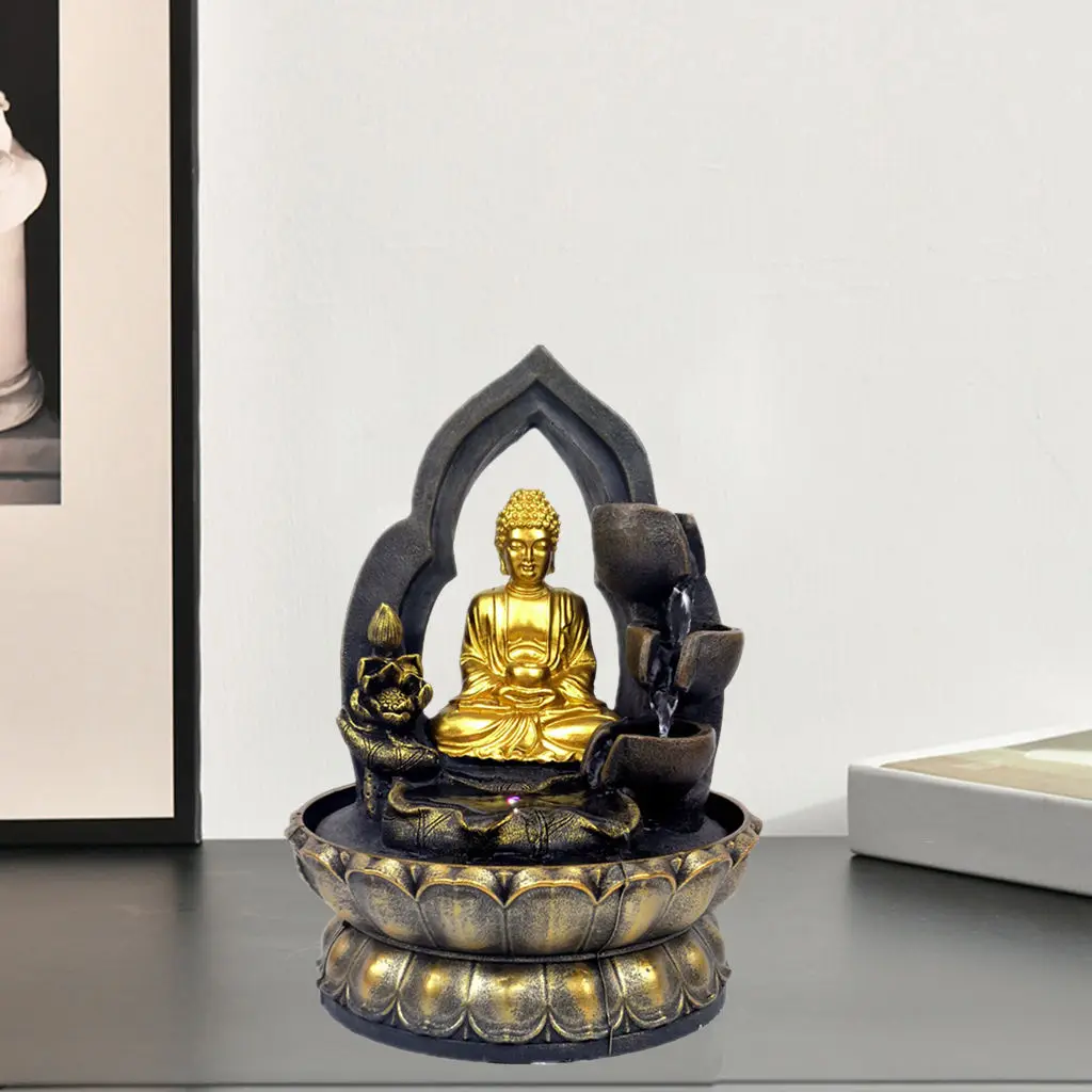 Indoor Waterfall Fountain Office Tabletop Relaxation Fountain With LED Light Lucky Feng Shui Buddha Statue Resin Figurines