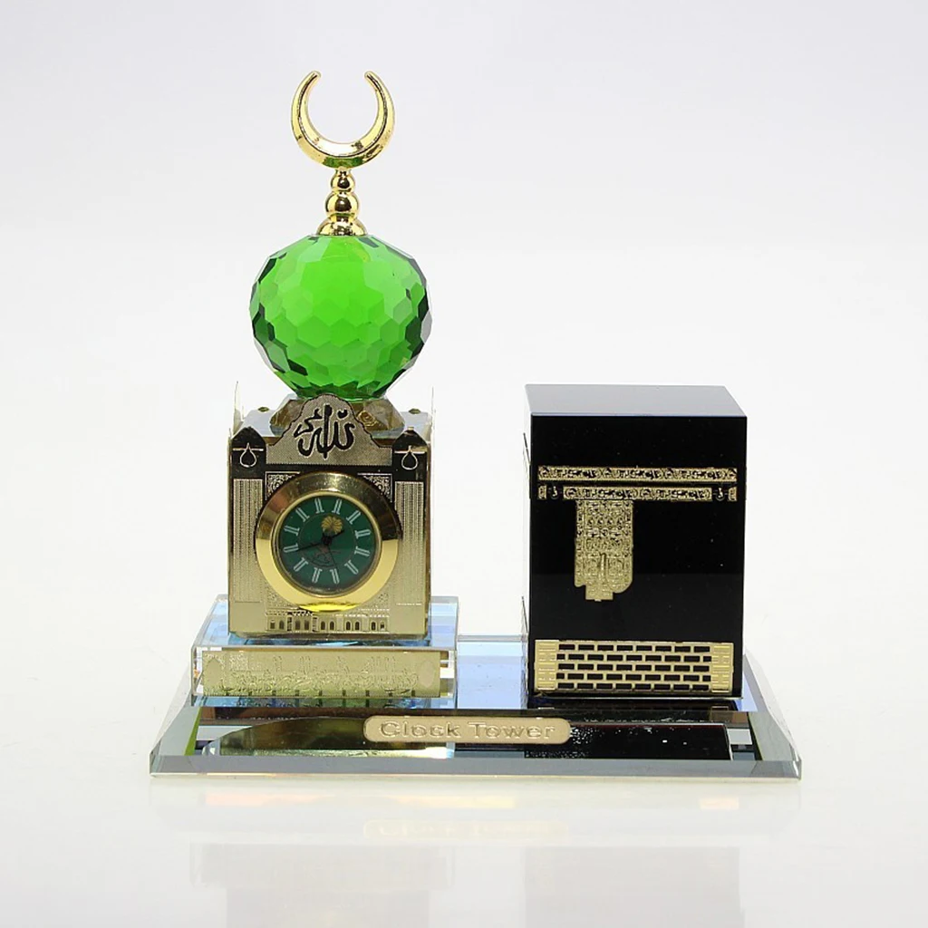 Eid Muslim Crystal Ramadan Architecture Miniature Ornaments Clock Statue Islamic Building Figurines Gift for Home Office Room