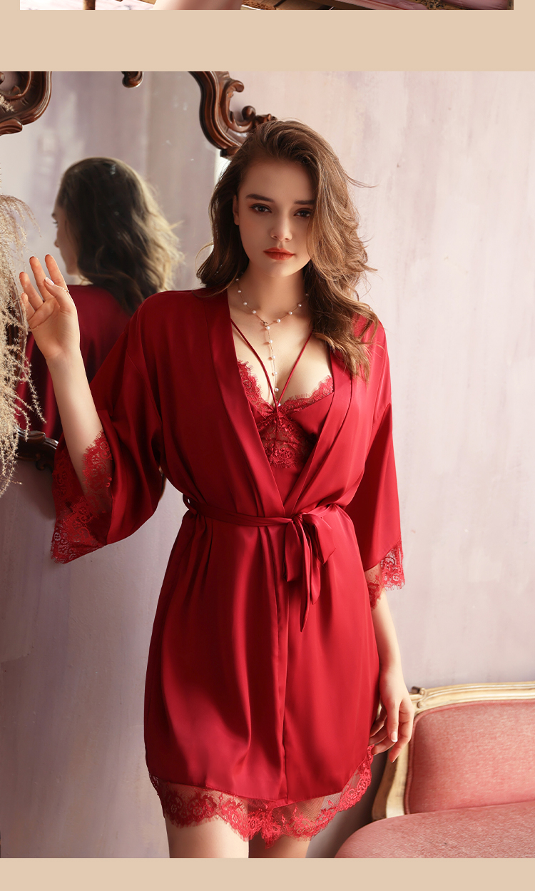 Waliicorners Suit Lace Patchwork Bridesmaid Robe Gown Satin Sleepwear Bathrobe 2PCS 57 Hff18cb22248a4c48882914f59b9f375eU