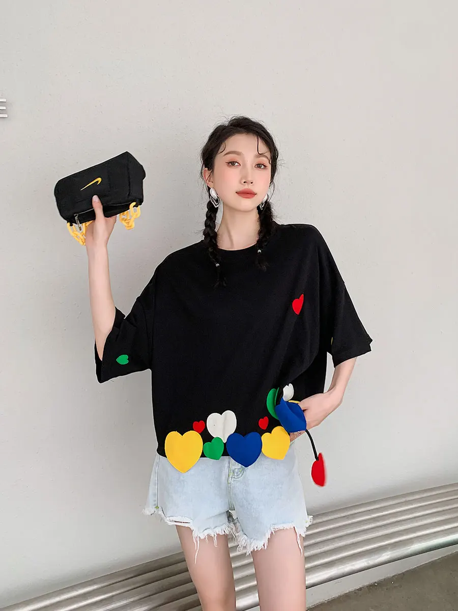 Hff44989a3dae4eb2a43877cd0b92d594i - Summer Korean O-Neck Short Sleeves Colorful Heart Patch T-Shirt