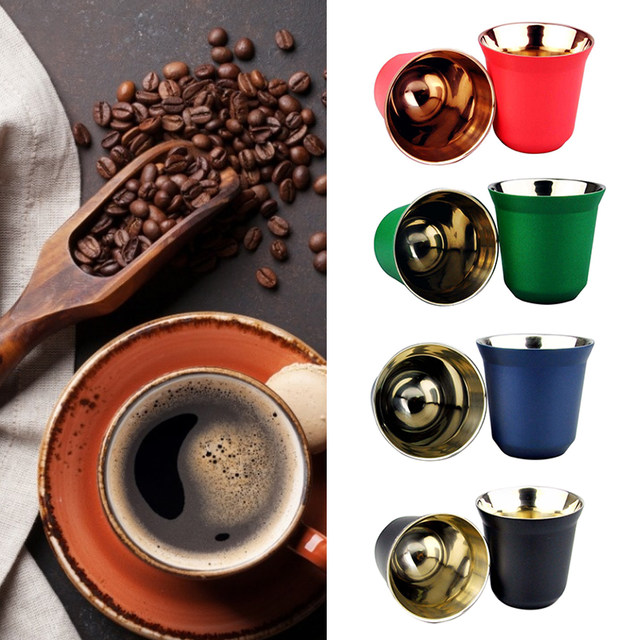 Lot De 4 Tasses à Expresso En Inox 80 Ml - 2 Noires, 2 Bleues - Isothermes, Pour Maison Et Extérieur