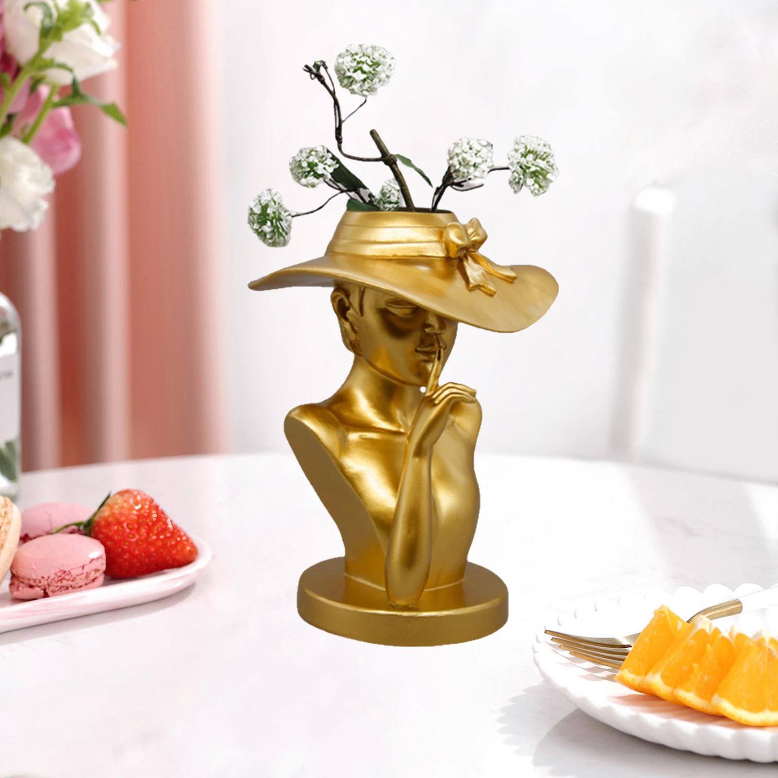 Modern Nordic Human Face Design Woman Statues Top Hat Ladies Decorative Dried Flower Vase Centerpiece Wedding Decor