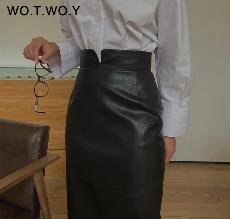 WOTWOY Office Lady High-Waisted Leather Skirt Women Spliced Mid-Long Wrapped Pencil Skirt Female Zipper-Up Solid Autumn Skirts