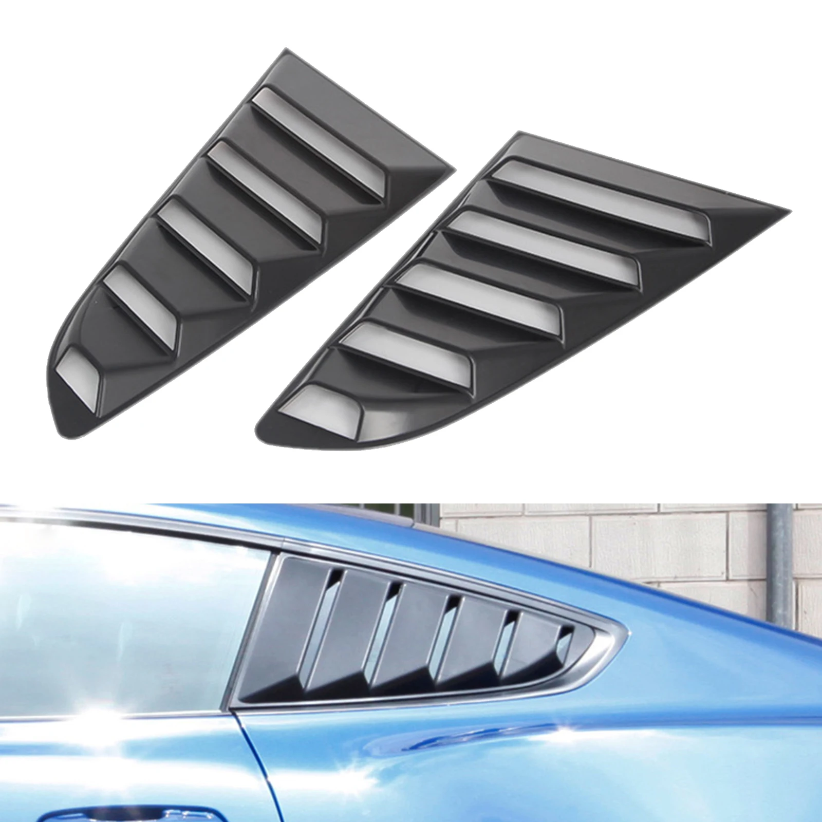 2Pcs Rear Quarter Side Window Louvers Shutter Air Vent Scoop Shades Black Cover for Ford Mustang 2015-Present