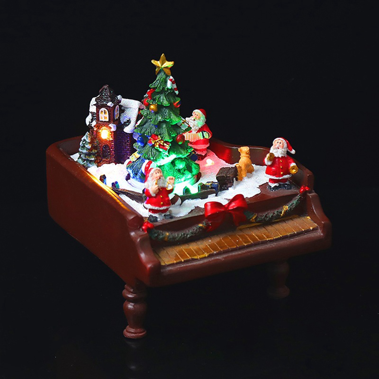 Romantic Resin Snow Scene Vintage Piano Music Box Revolving Christmas Tree LED Light Home Decoration Ornament Gift Collection