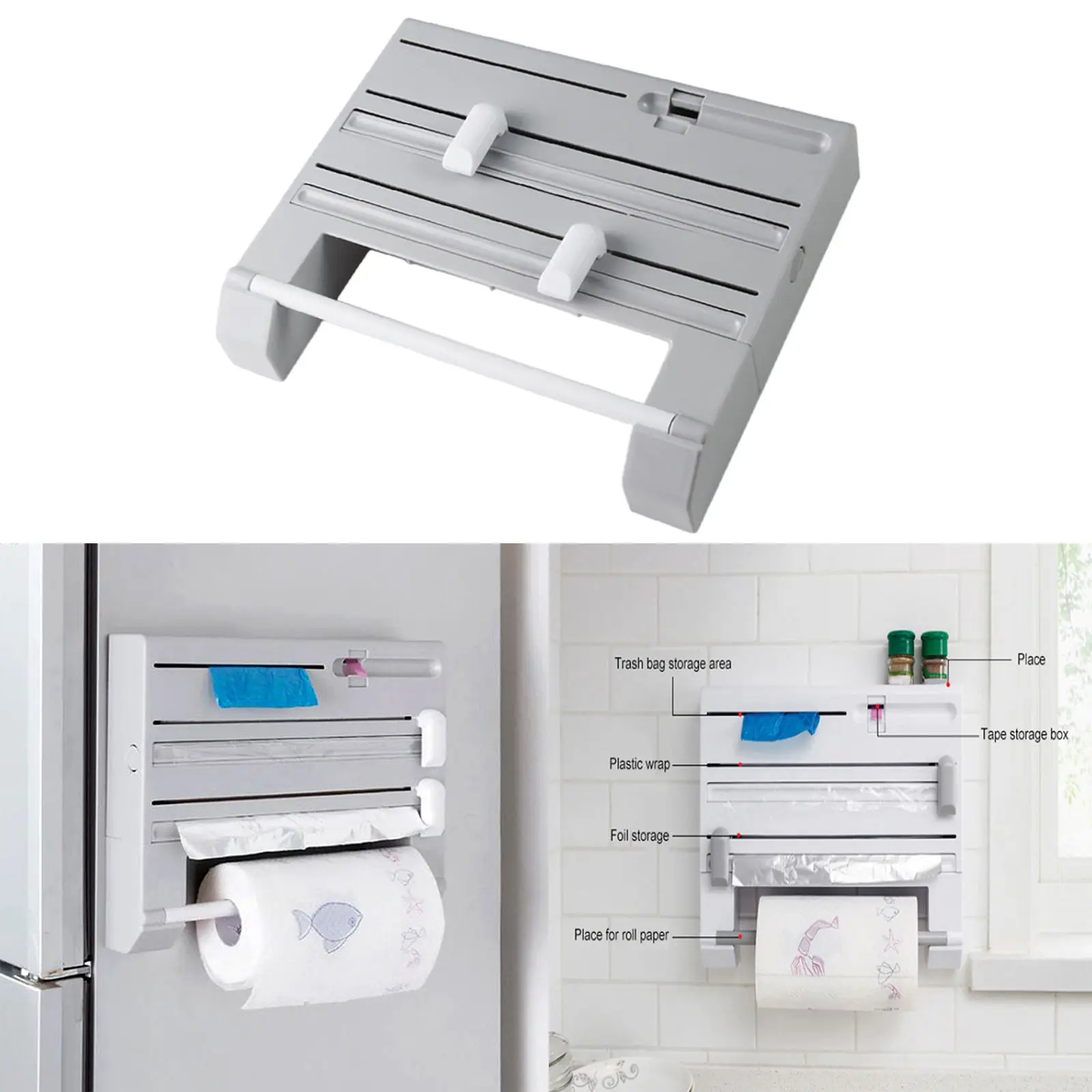6 in 1 Kitchen Towel Paper Holder Aluminum Film Cutter Plastic Wrap Dispenser Cutting Foil Cling Wrap Shelf Wall Mounted Rack