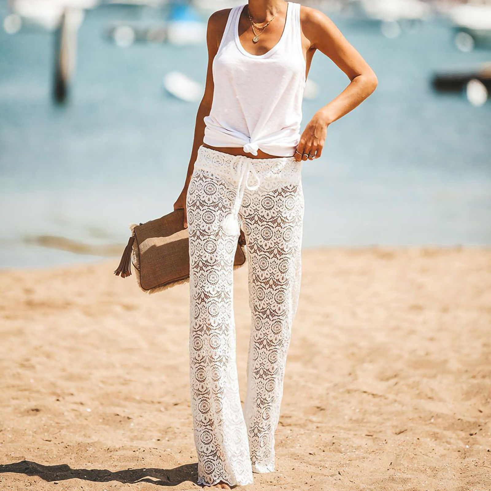 2021 Women Pants Lace Hollow Crochet 