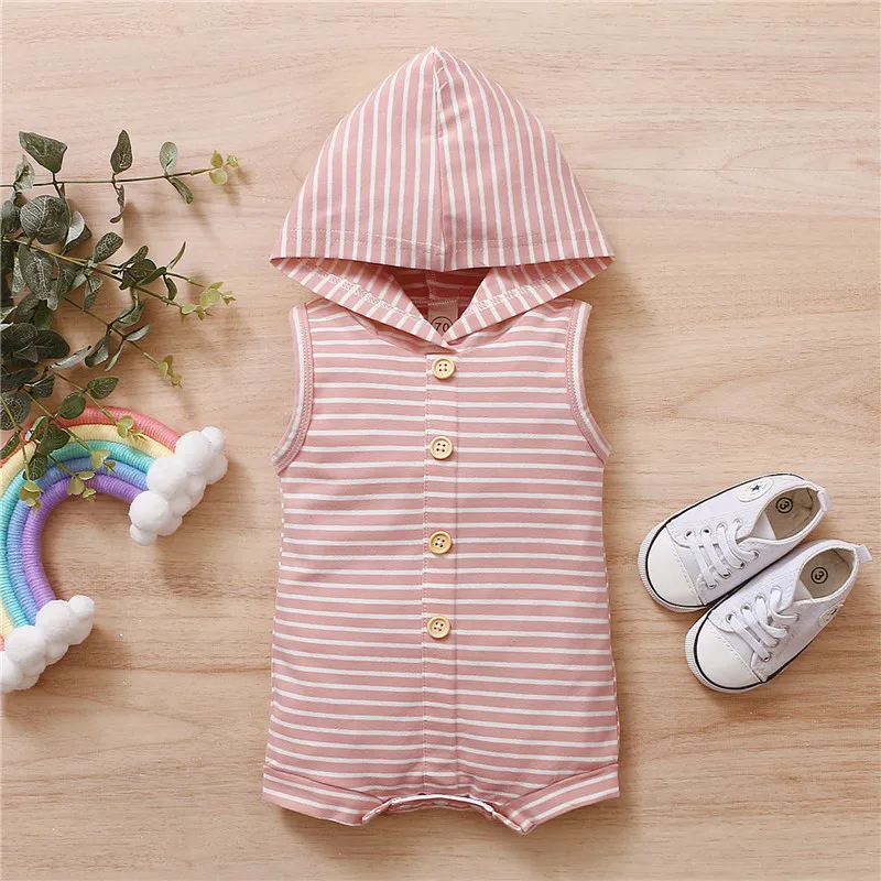 Baby Summer Clothing 0-18M Newborn Baby Boys Girls Unisex Striped Sleeveless Hooded Button Romper Jumpsuits One-Pieces Outfits Baby Bodysuits classic