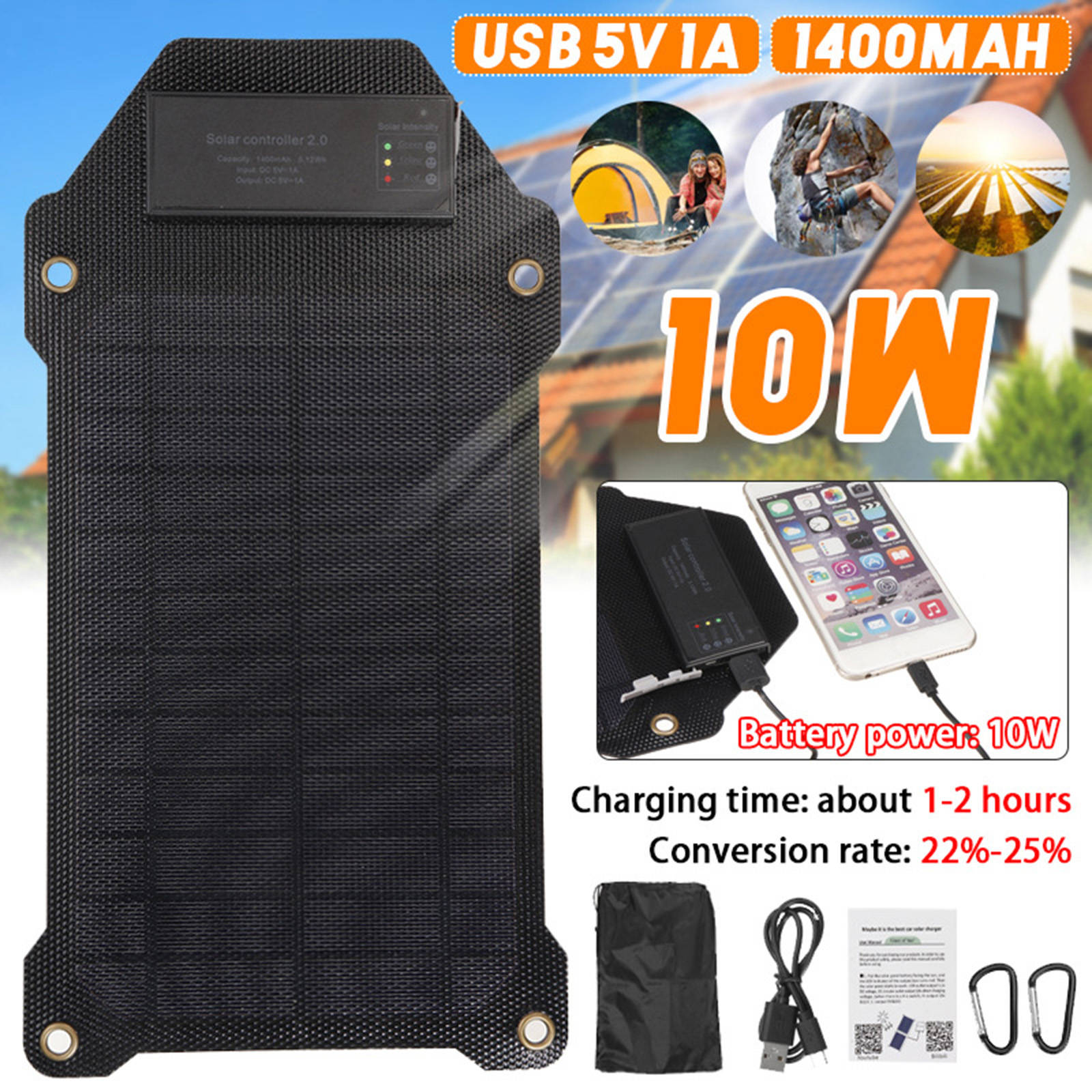 10W Portable Solar Charger 5V/1A Waterproof Solar Panel with USB Port Compatible with Power Station Cell Phone