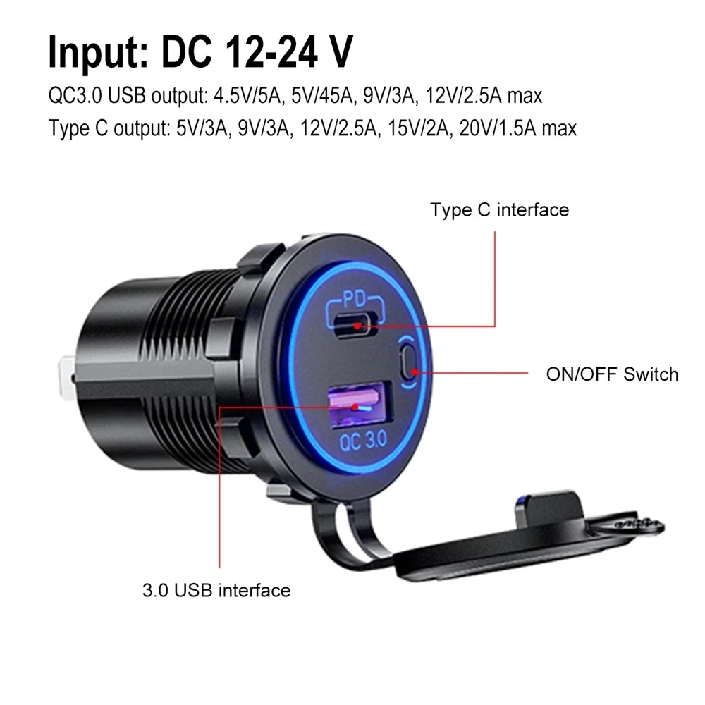 5v 1a usb 60W USB Car Charger PD Type C QC 3.0 Fast Charging Power With Switch USB Car Charger Universal Motorcycle Car Truck RV ATV Boat 65 watt car charger
