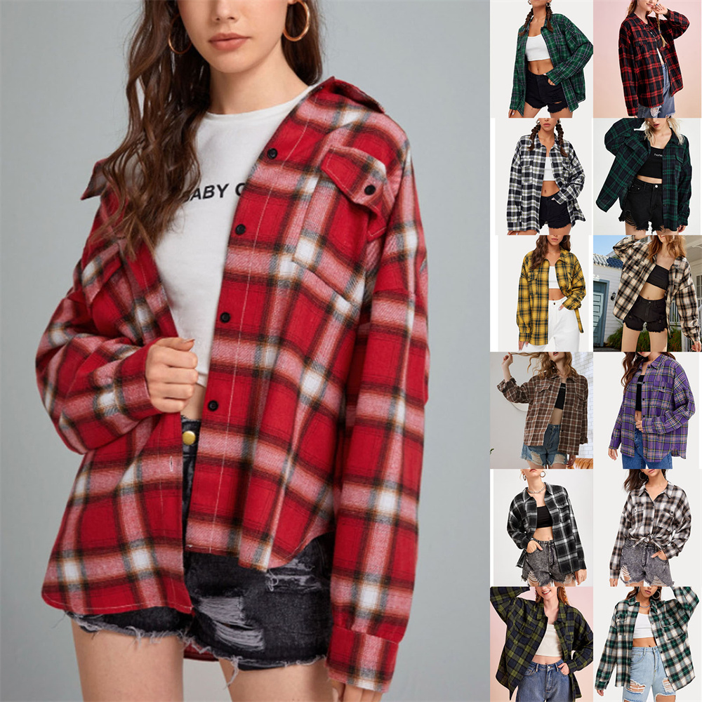 camisa das mulheres casual xadrez colarinho manga longa topos de lapela oversized feminino vintage xadrez camisas