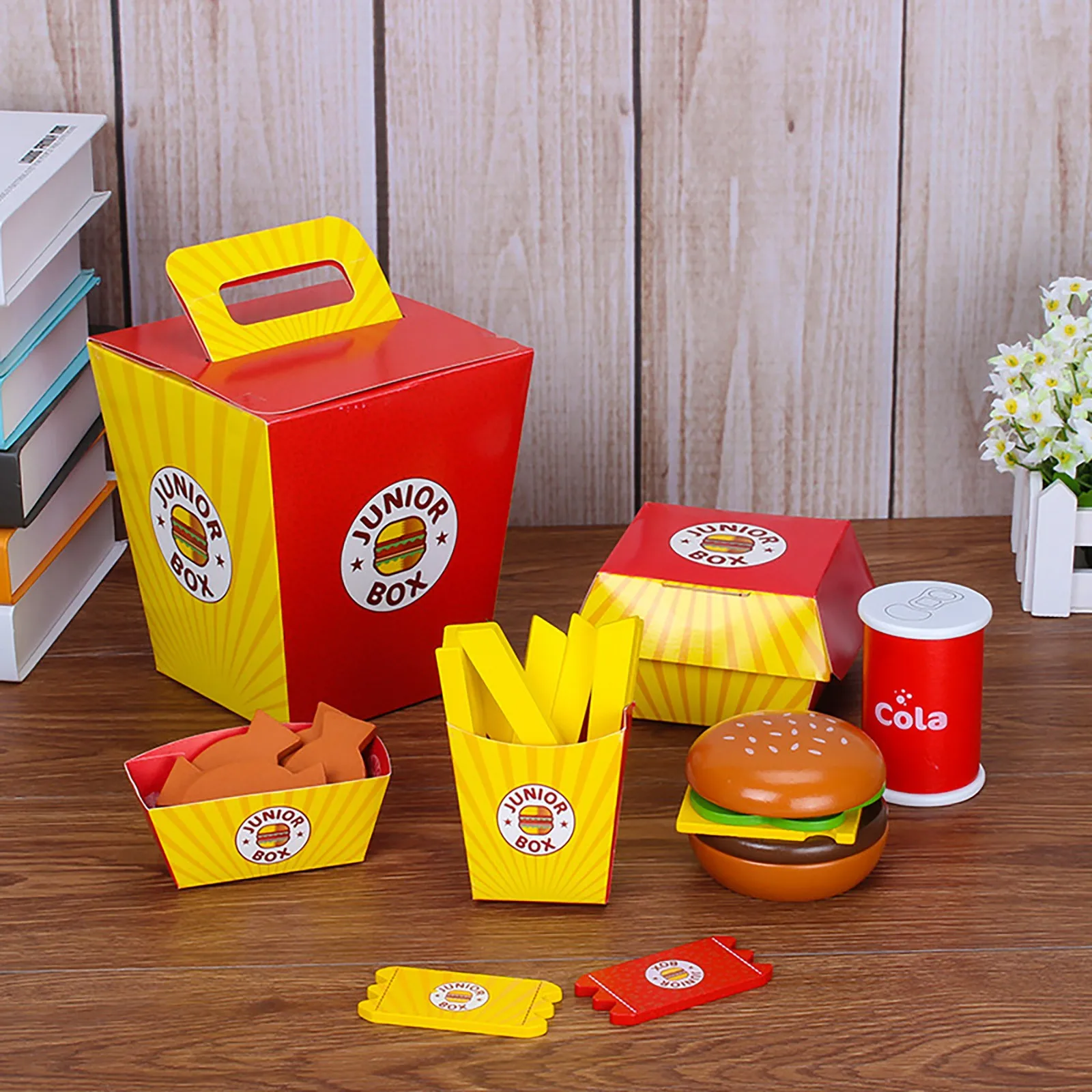 Child Pretend Play Food Toy Wooden Burger Fries Fast Food Deluxe Dinner Set 