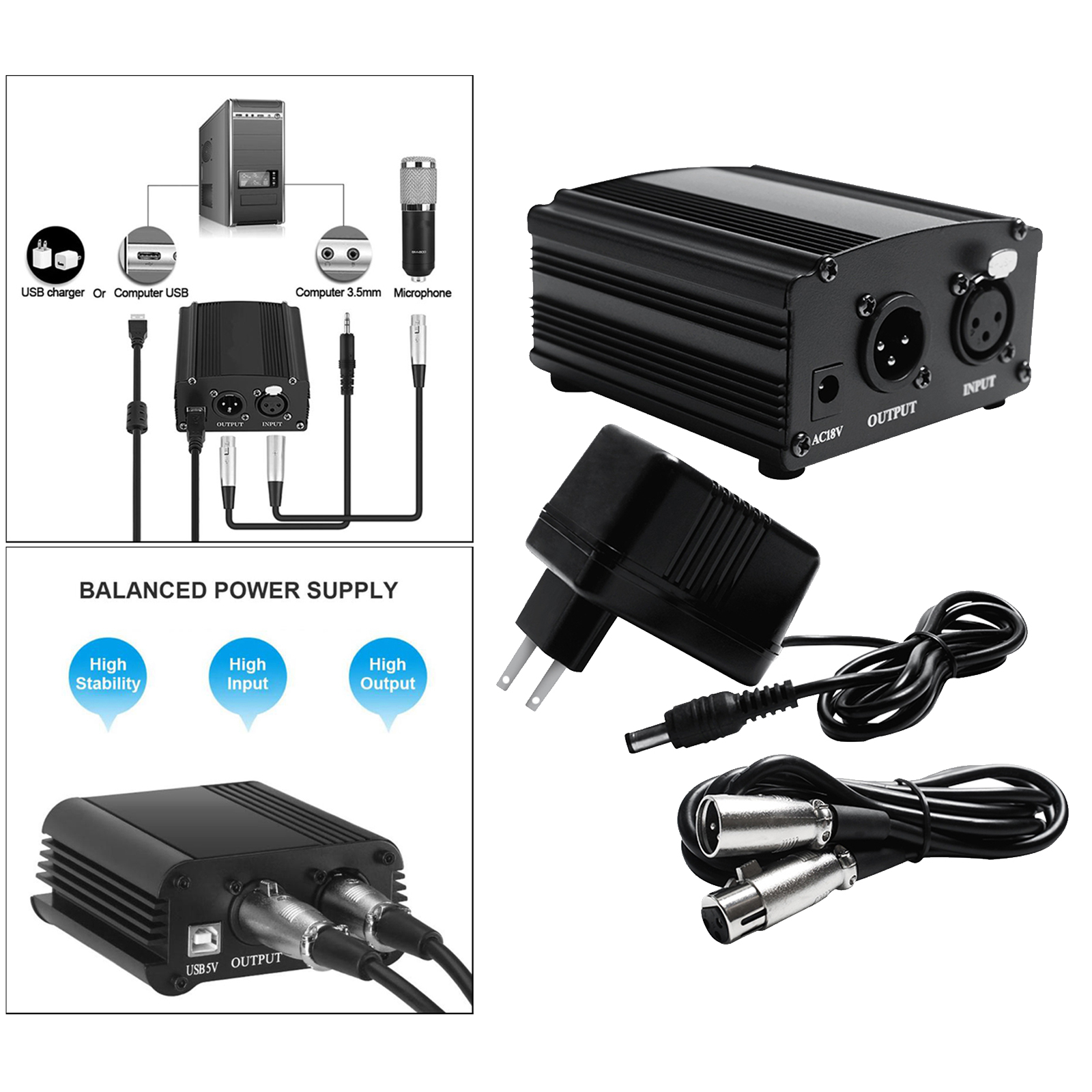 48V Phantom Power Supply with Charging Cable and XLR Cable for Microphone
