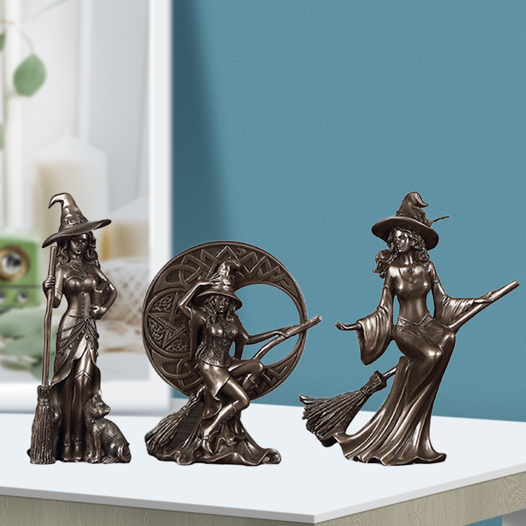 3Pcs Resin Cast Bronze Western Art Nordic Witch Figurines Novelty Characters Wizard Sculpture Home Office Statue Housewarming