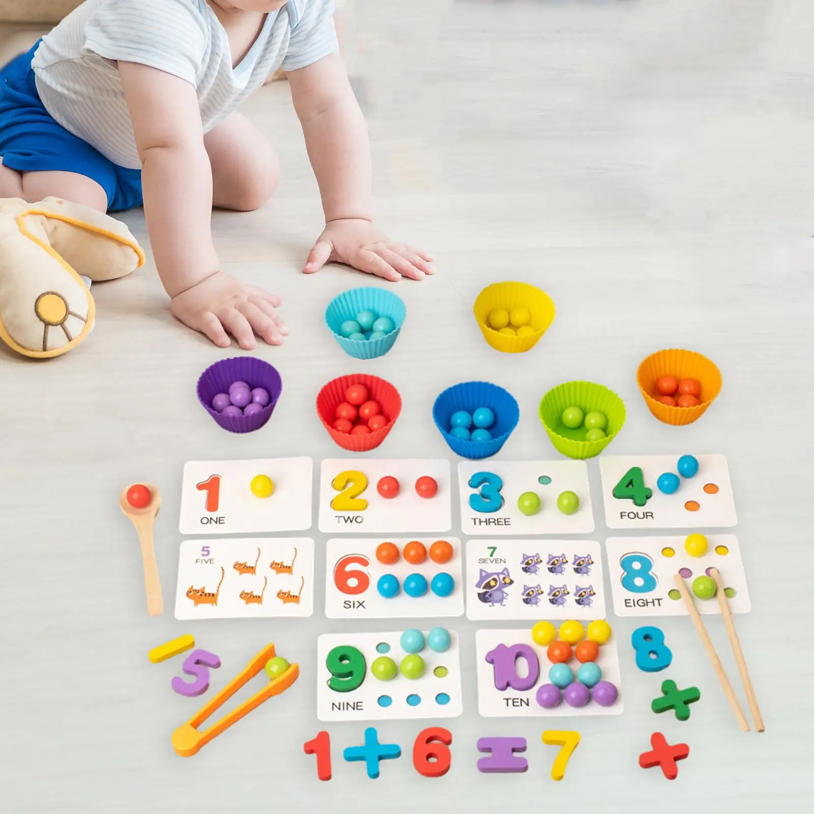 Clip Bead Game Fine Motor Skill Number Cognition Animal Learning Montessori Wooden Rainbow Balls in Cups for Primary Preschool