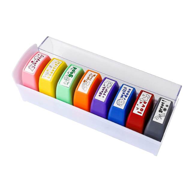 6pcs Color Stamps With Tray, Classroom Grading Seal Homework Signature Teacher Seal