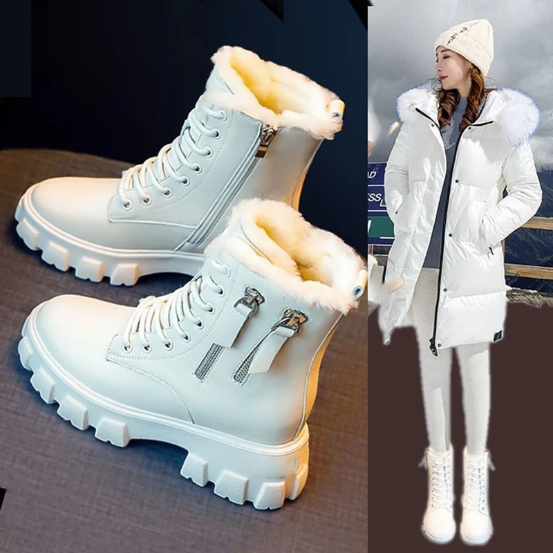 Snow Boots Women Winter 2022 New Plush Velvet Woman Shoes Warm Ankle Boots Thick Cotton Shoes Furry Black Women Leather Boots