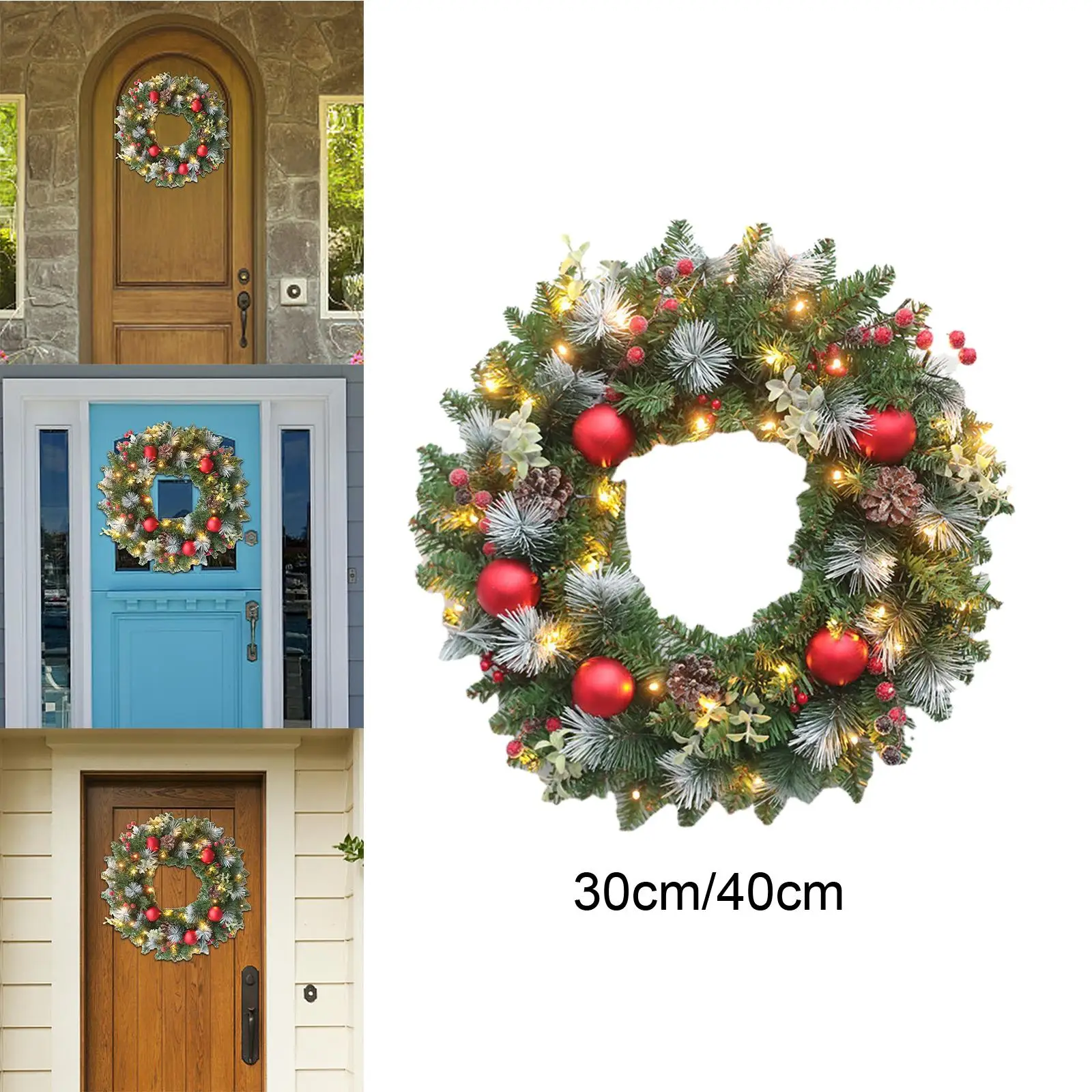 LED Christmas Wreath Hanging Garland Christmas Party Supplies with Cones for Windows Winter Outside decor