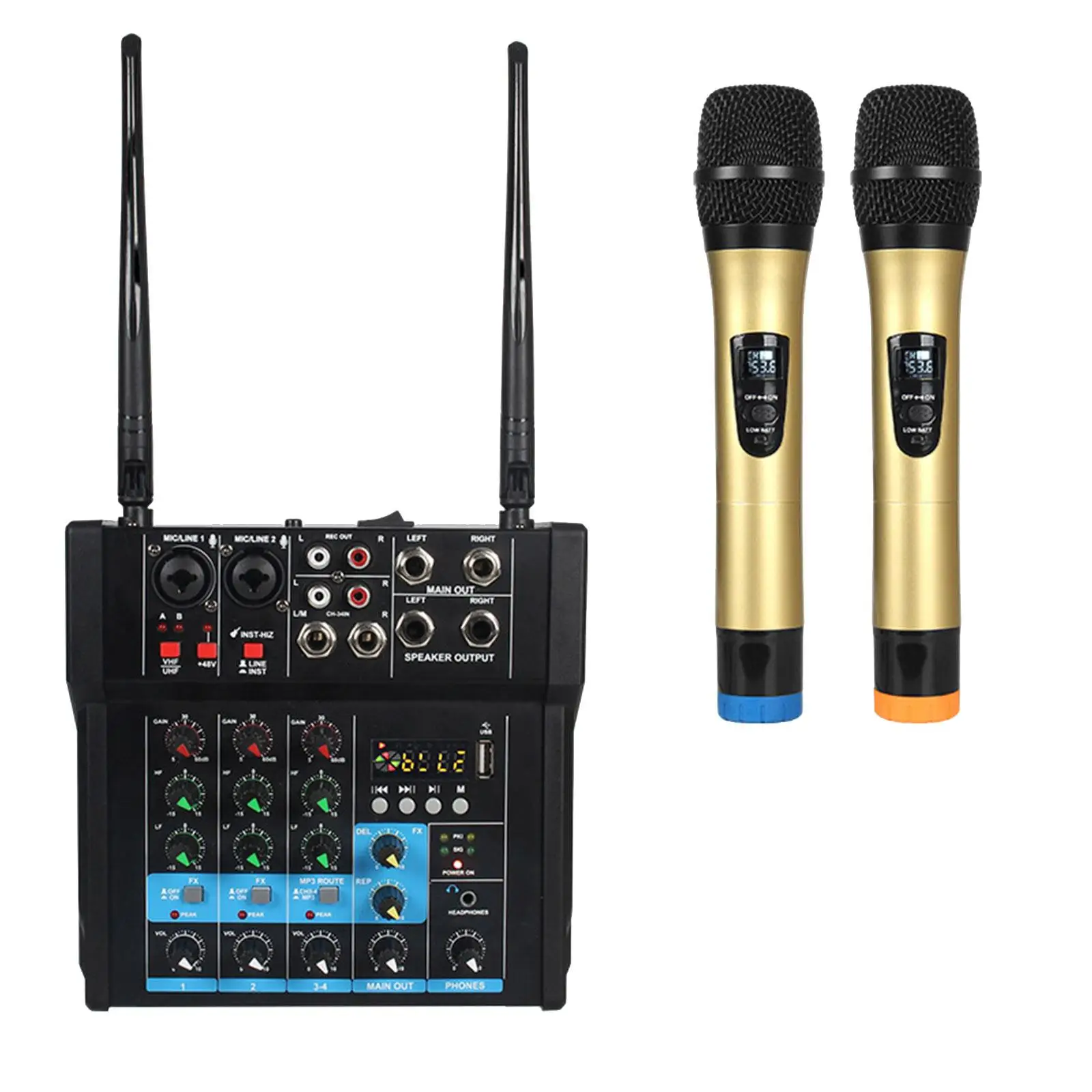 Audio Mixer Amplifier with Dual Wireless Mic 4 Channel Portable Sound Mixer for DJ Mixing Karaoke Recording Live Streaming