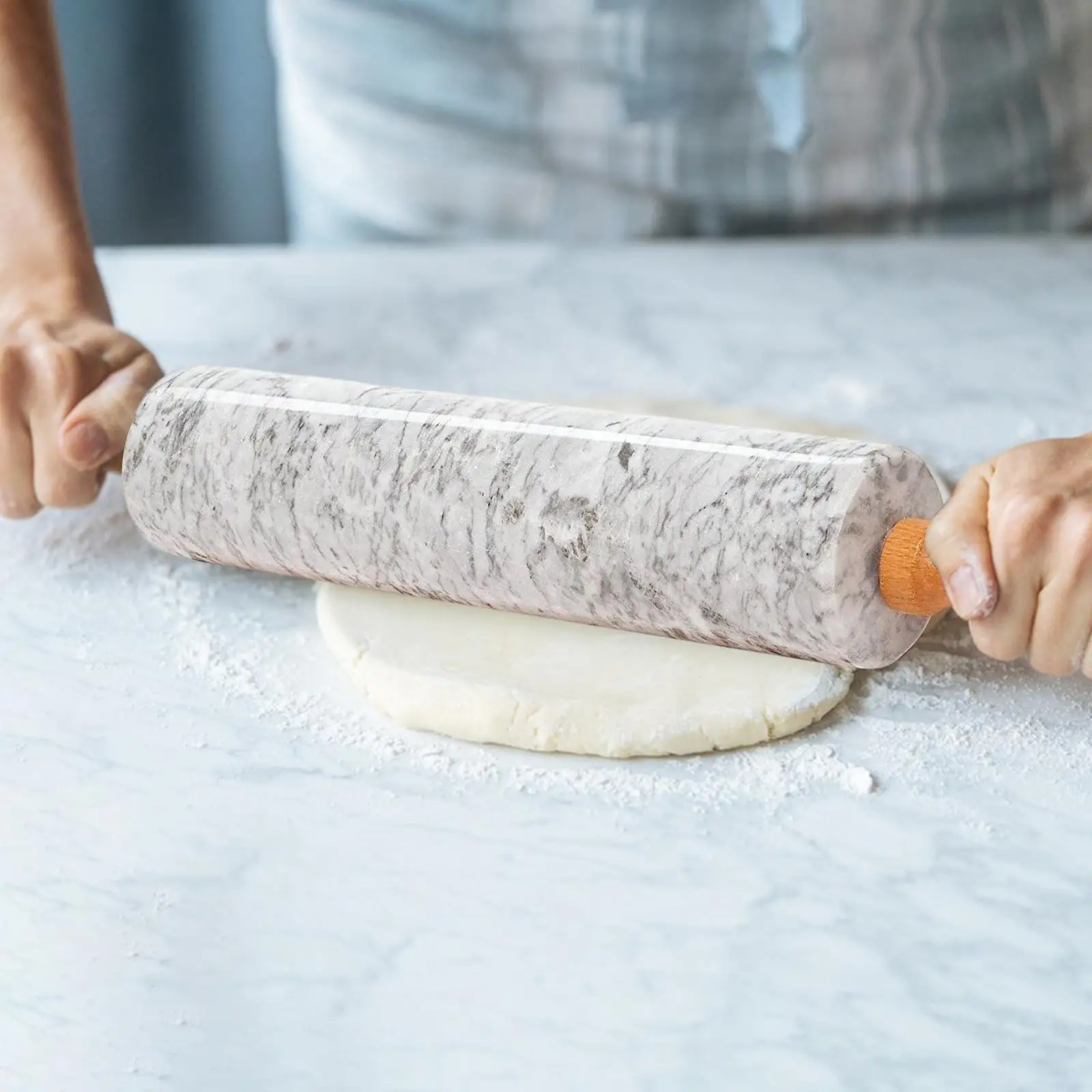 Marble Stone Rolling Pin with Wood Handles and Base Cake Pizza Tools Nonstick