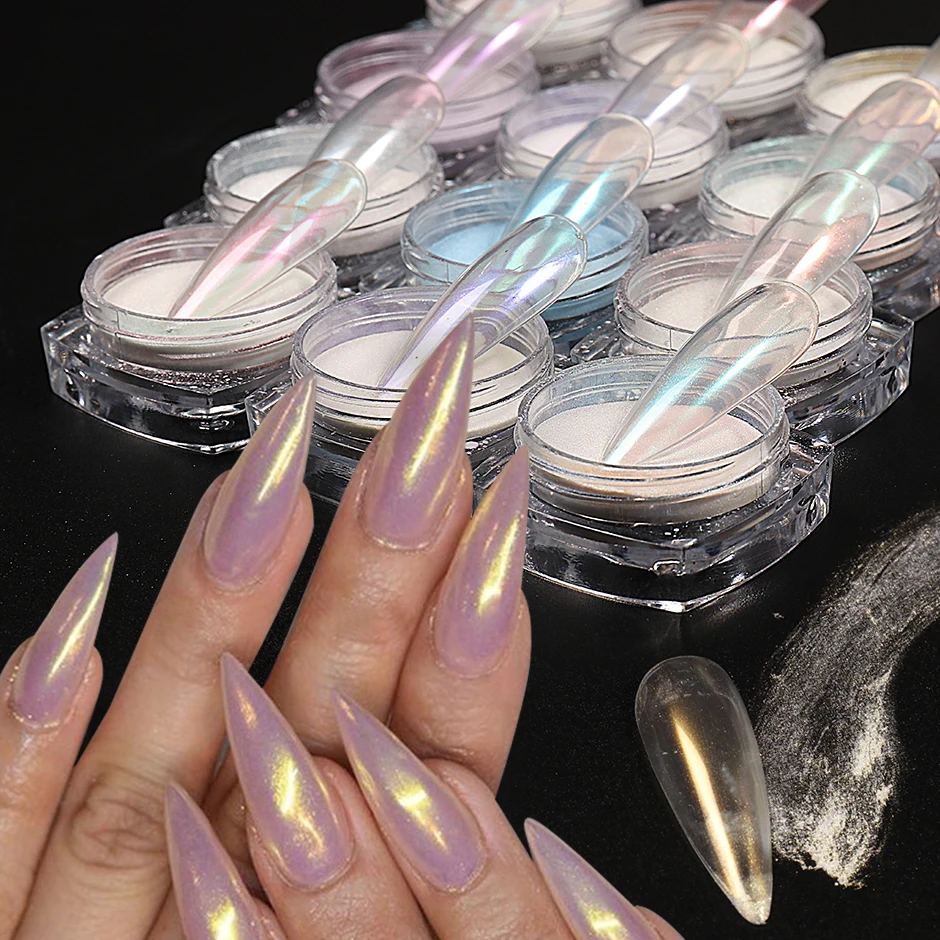 Description Picture 4 of item2pcs Colorful Aurora Chrome Nail Powder Pearl Shell White High Glossy Rubbing Dust Holographic Glimmer Pigment Nail Decor Flash