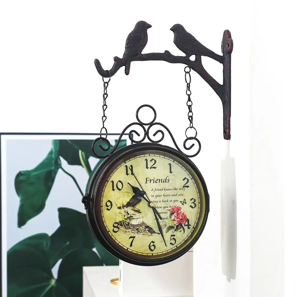 Vintage Double-Side Metal Round Wall Clock 8inch Quiet Clocks Indoor Outdoor