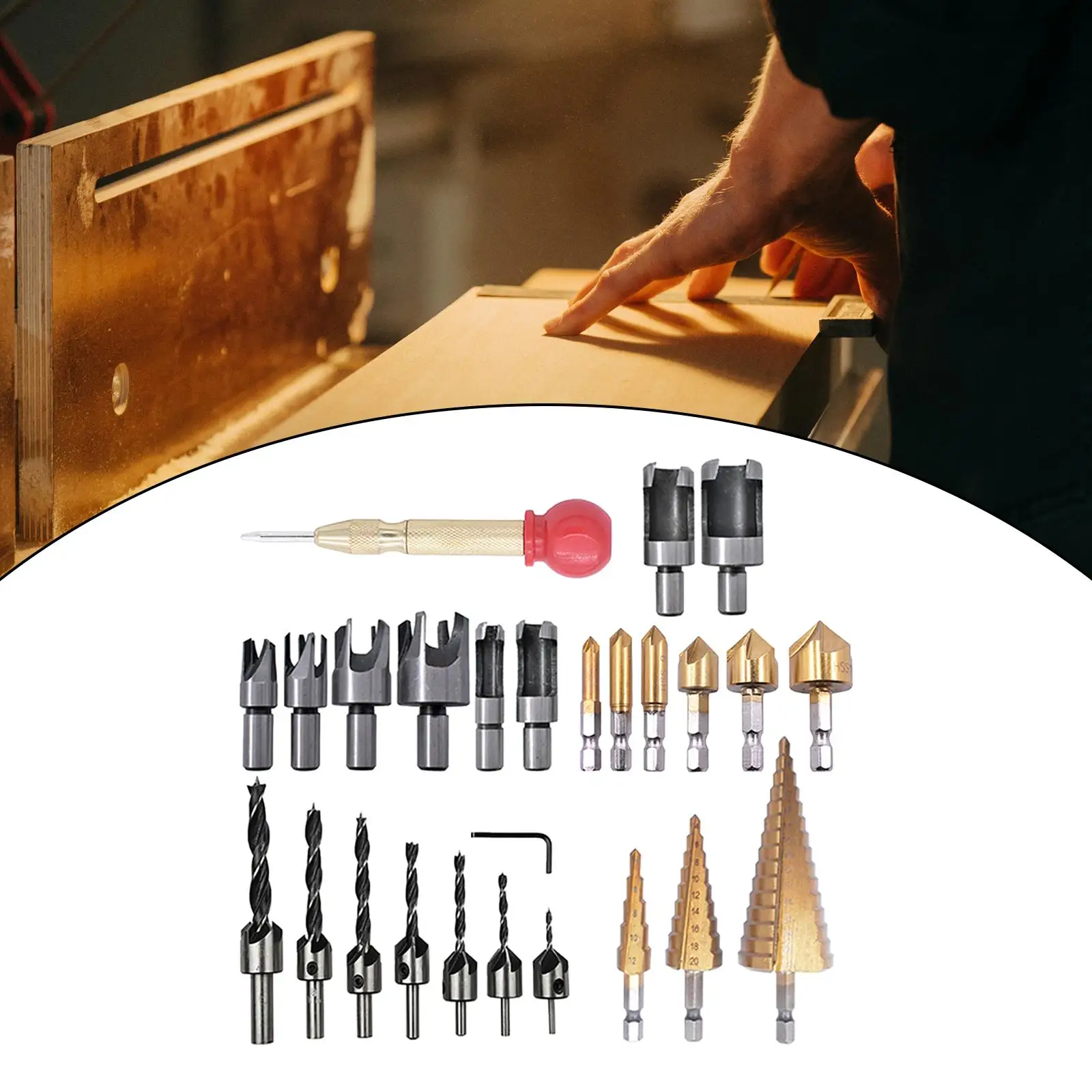 26Pcs Alloy Woodworking Chamfer Drilling Tools Center Punch for Woodworking